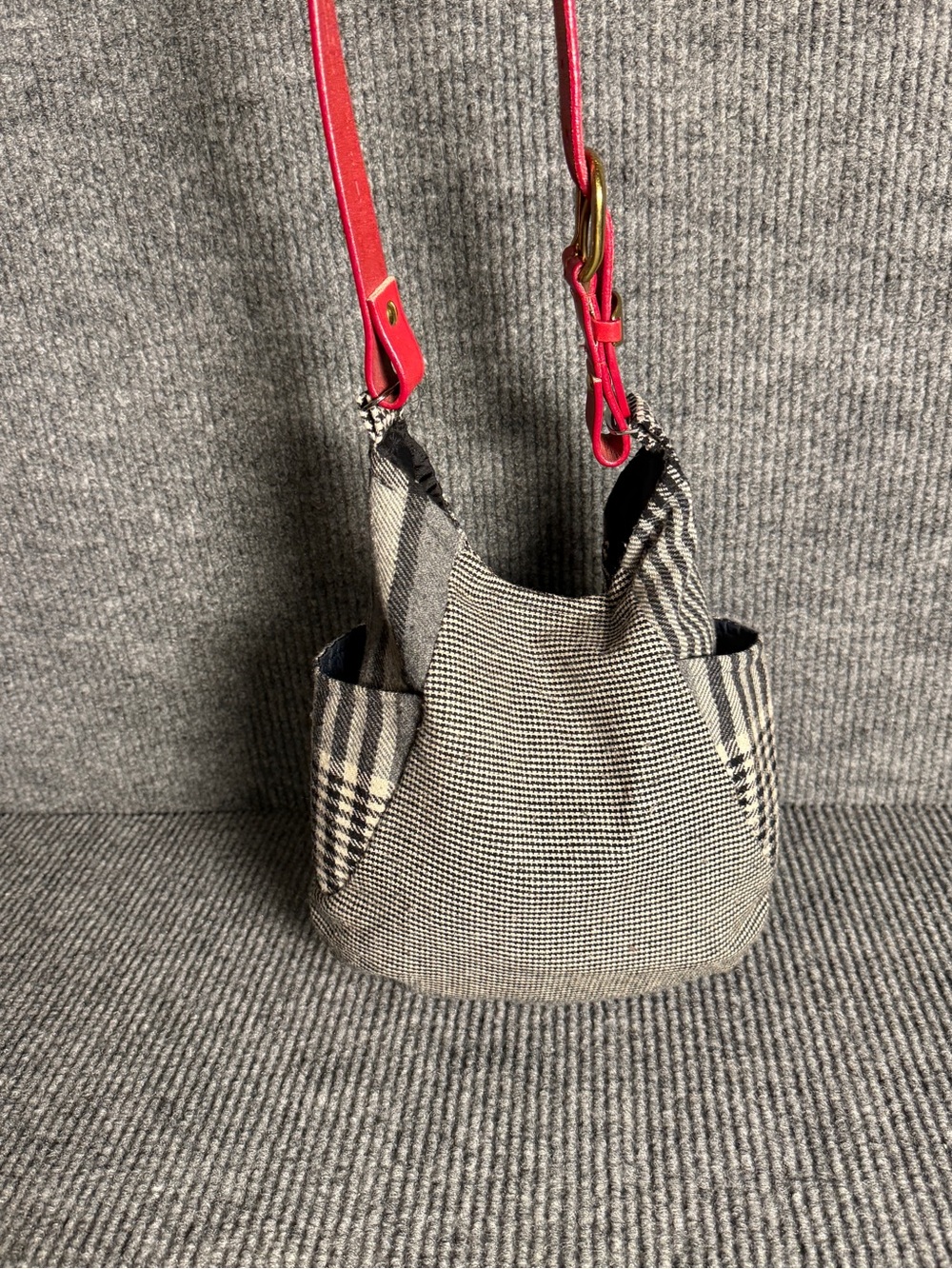 VTG Mixed Plaid & Houndstooth Wool Shoulder Bag with Vibrant Red Leather Strap